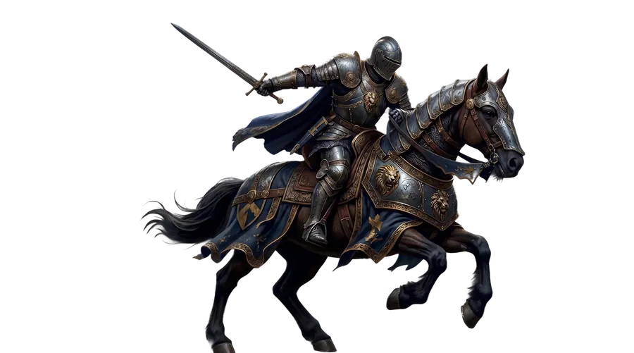 Knight in ornate armour riding through a misty forest