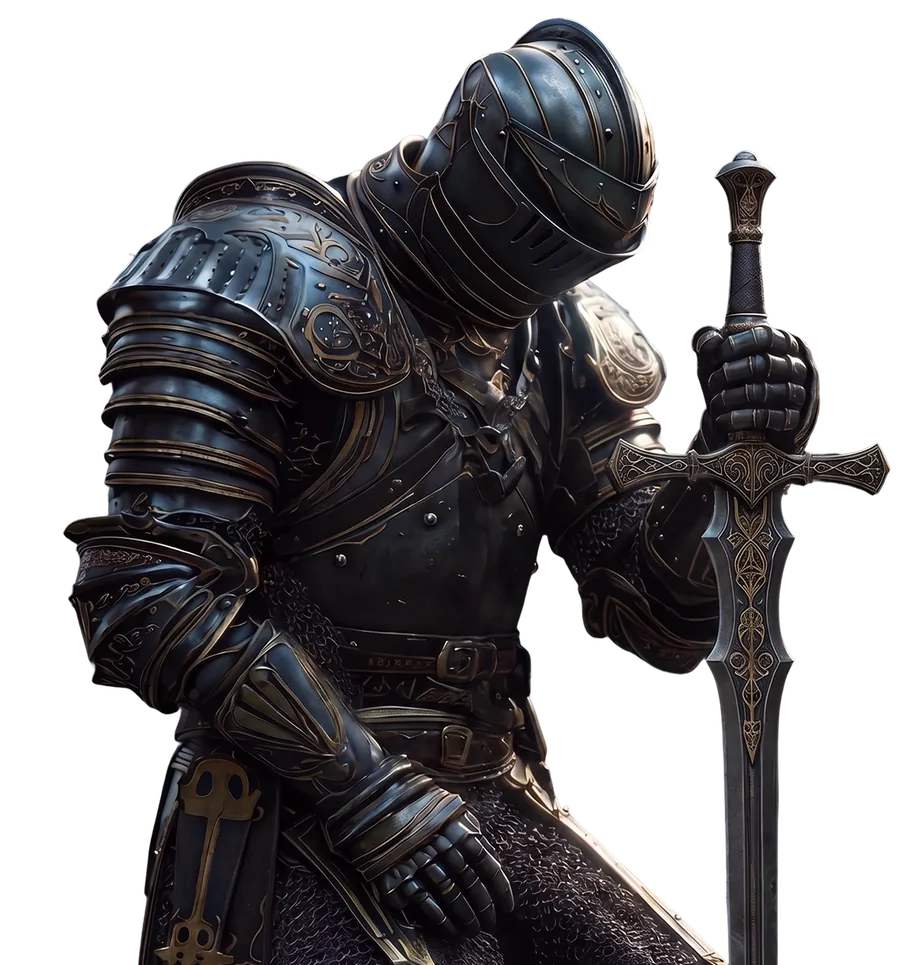 Knight kneeling with a broadsword in a dark forest
