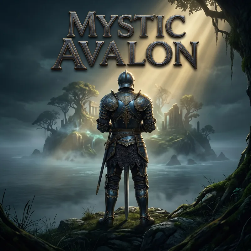 Mystic Avalon game poster — knight facing a glowing portal